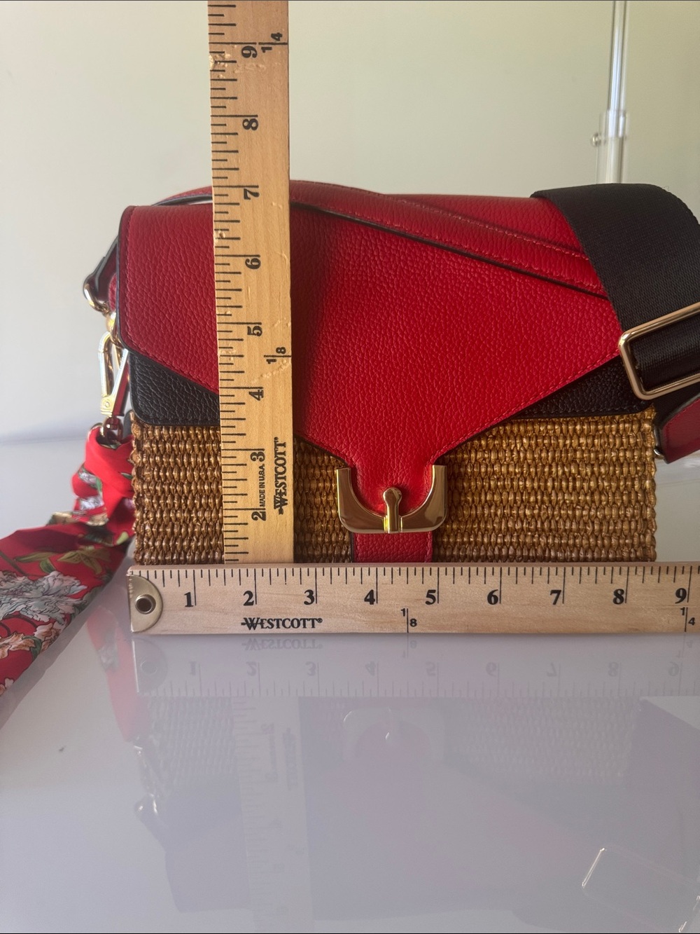 Coccinelle Ambrine Bag Red Leather Rattan with Shoulder Strap and Scarf - Picture 15 of 16